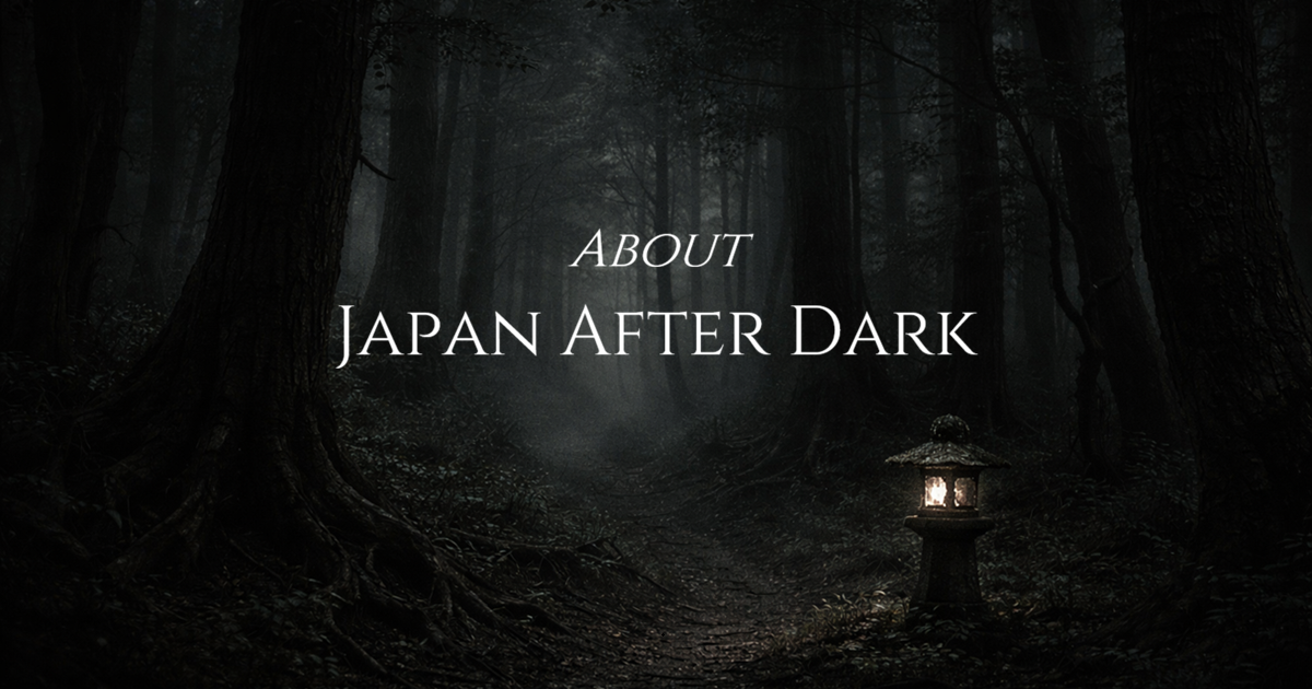 Dark misty forest at night with a softly glowing stone lantern.