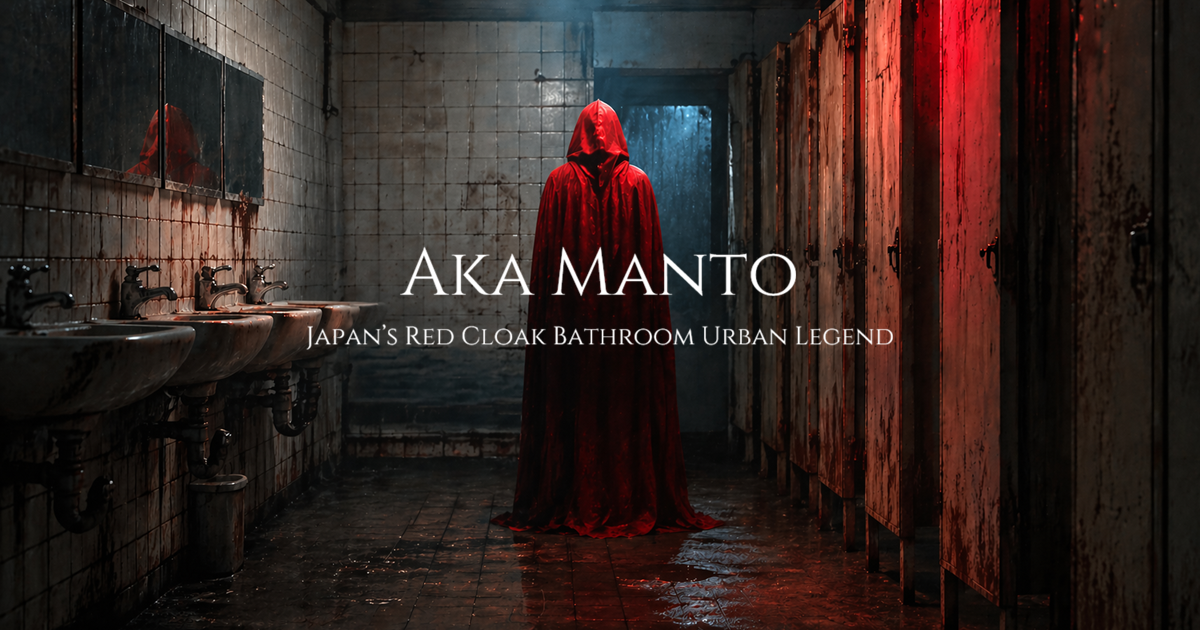 A dimly lit school bathroom with tiled walls, sinks on one side, and a red-cloaked figure standing at the center.