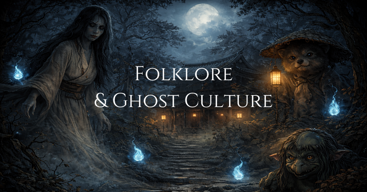 Misty Japanese forest at night with a small shrine, a drifting yurei figure, and faint blue spirit flames.
