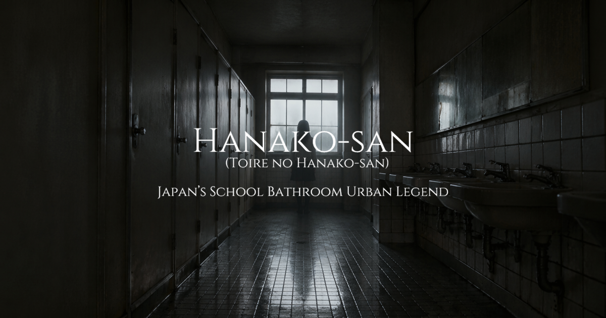 A dim school bathroom with tiled floors and sinks, where a girl stands motionless in front of a frosted window at the far end.