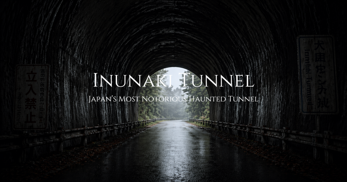 A view from inside a dark tunnel looking out toward a distant foggy road surrounded by trees.