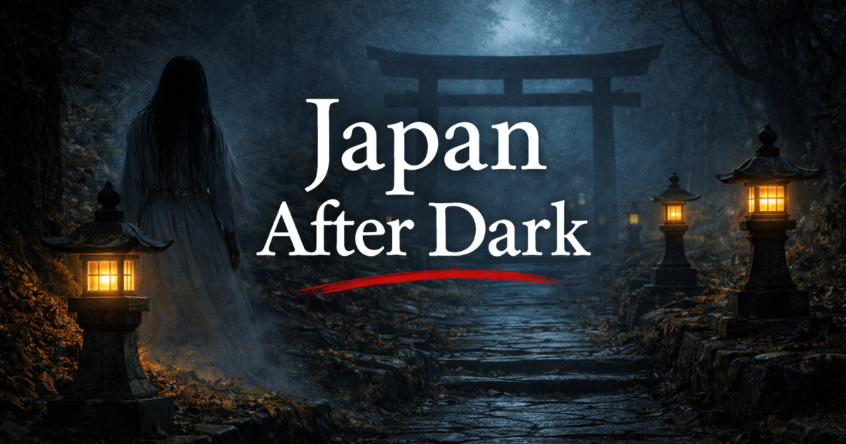 Japan After Dark homepage OGP image showing a misty forest path, stone lanterns, and a torii gate at night