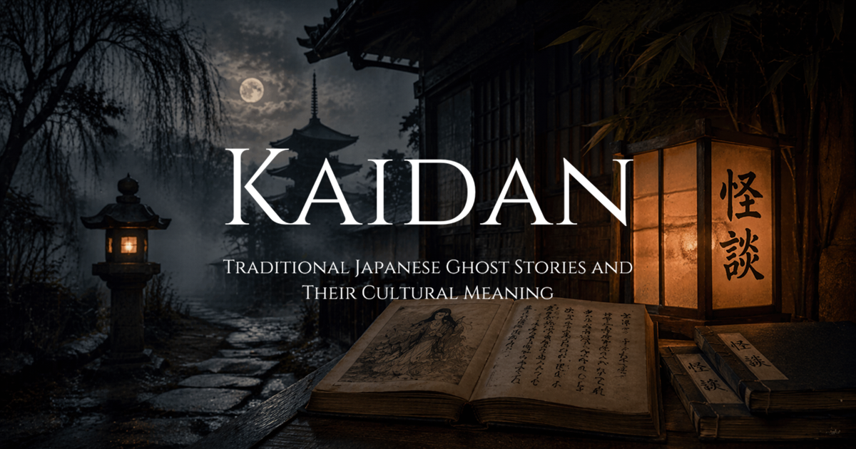 A dimly lit Japanese veranda at night with an open illustrated book and a glowing lantern beside stacked books labeled in kanji, with a misty path and pagoda under a full moon in the background.