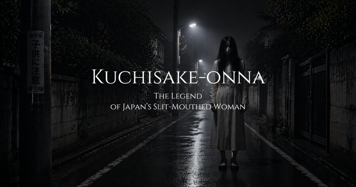 A masked woman stands alone on a wet, dimly lit street at night.