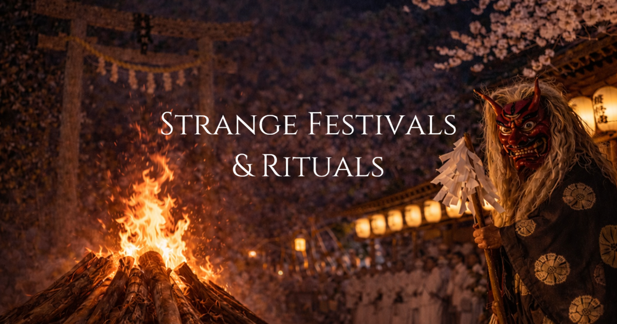 A figure wearing an oni mask standing near a torii gate and a bonfire at a Japanese shrine at night.