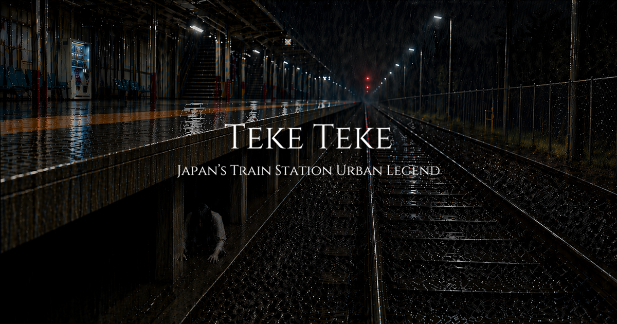 Rain-soaked Japanese train platform at night with a shadowy figure beneath the platform, reflecting the atmosphere of the Teke Teke urban legend.