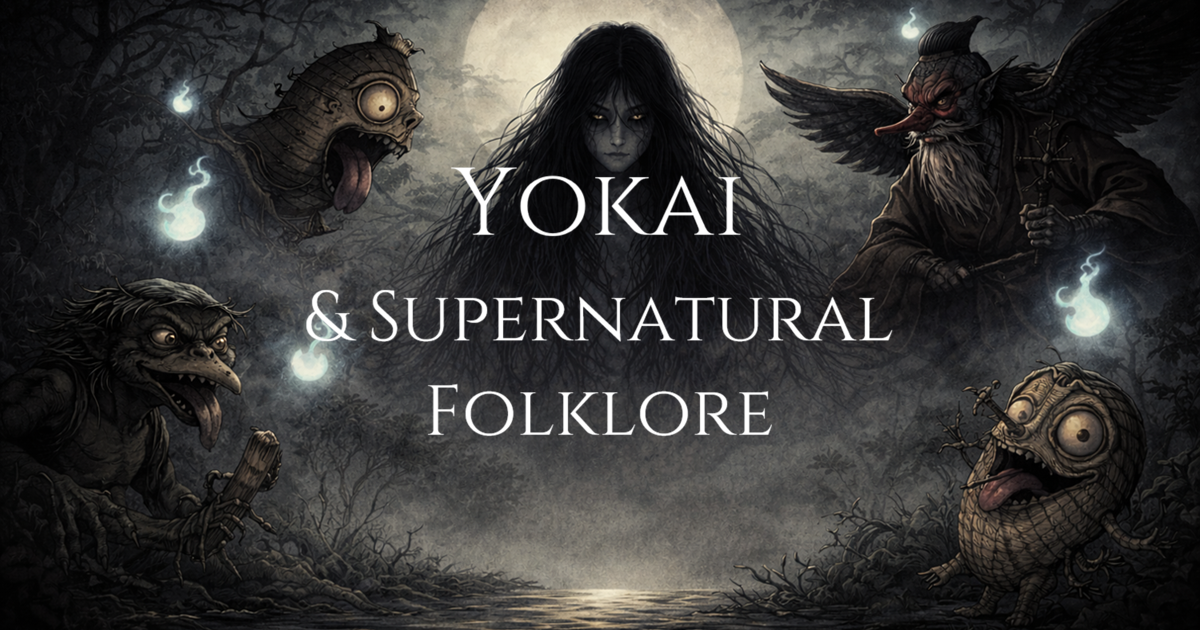 Japanese yokai gathered in a misty forest at night under a full moon.