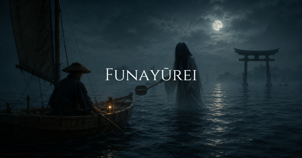 A small wooden fishing boat faces a ghostly woman holding a ladle in the dark sea under moonlight.