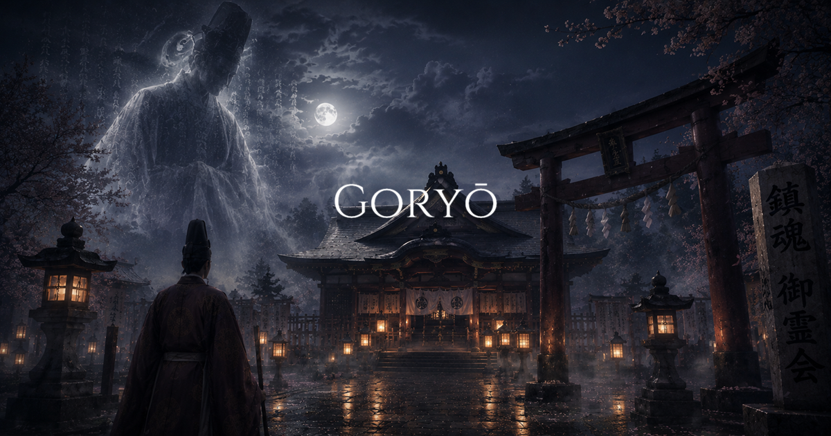 A moonlit shrine courtyard with lanterns, a Heian-period figure, and a large translucent spirit appearing above the trees at night.