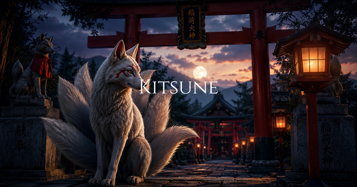 A white multi-tailed fox sits before a torii gate and lantern-lit shrine path at dusk.