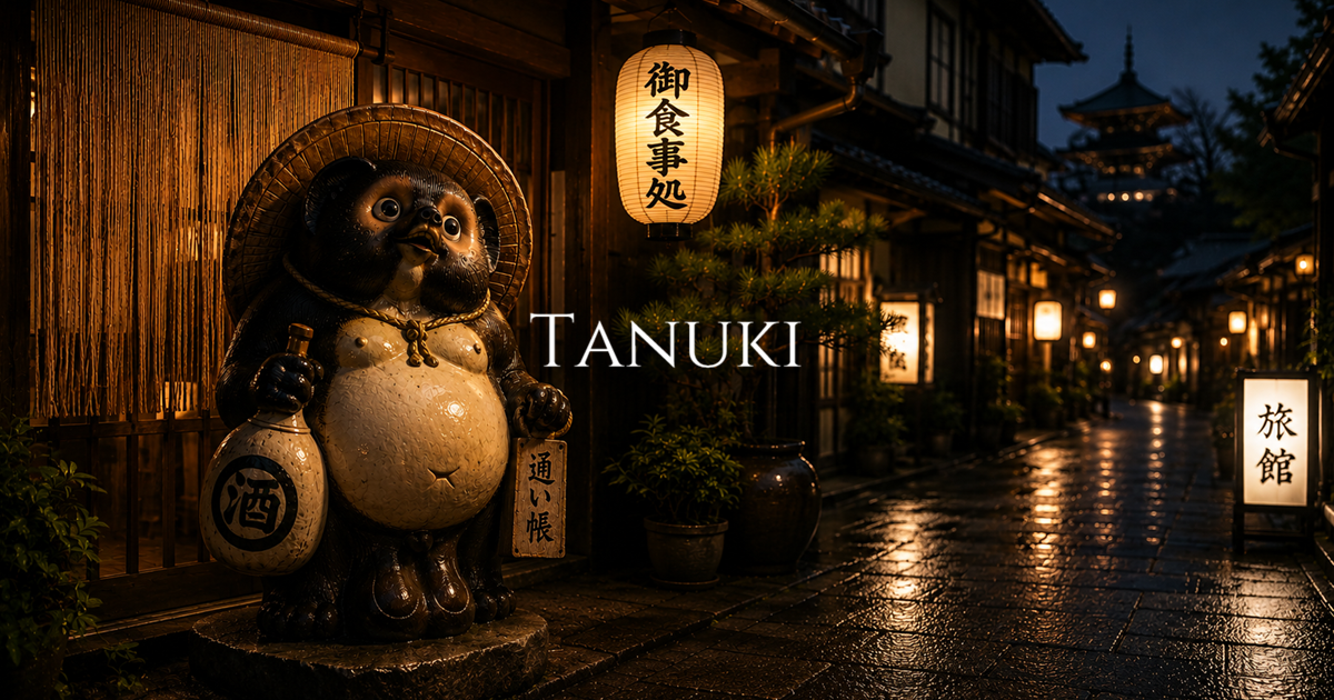 A tanuki statue stands outside a traditional Japanese restaurant on a rain-covered street at night.