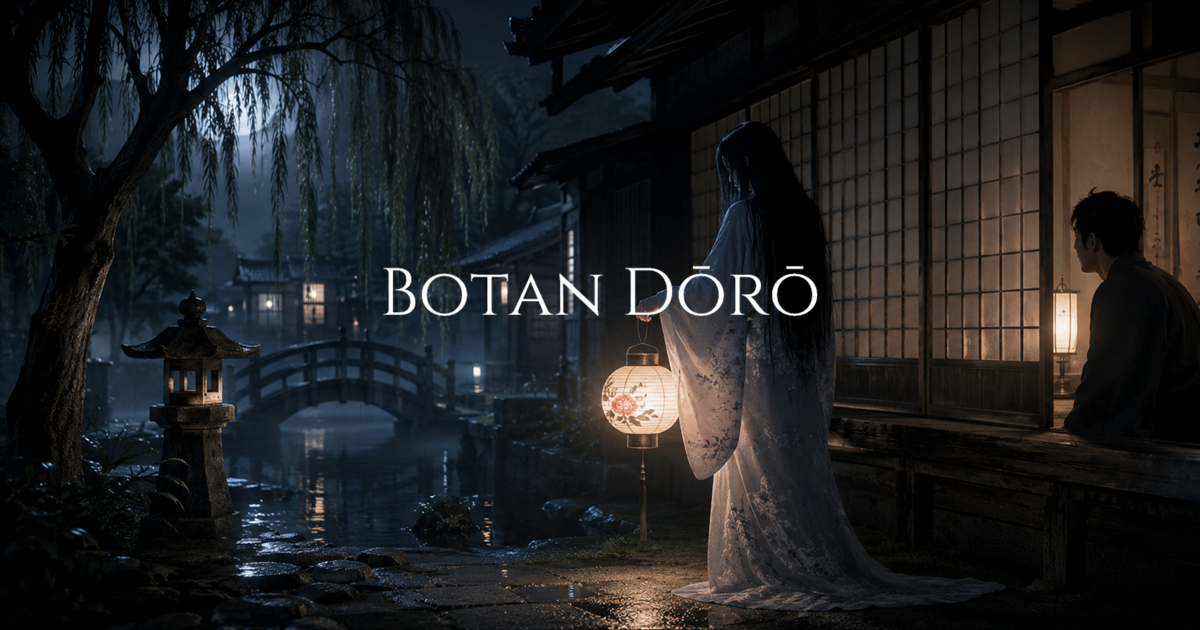 A woman in a white kimono holding a peony lantern stands on a quiet street in an Edo-period Japanese town at night.