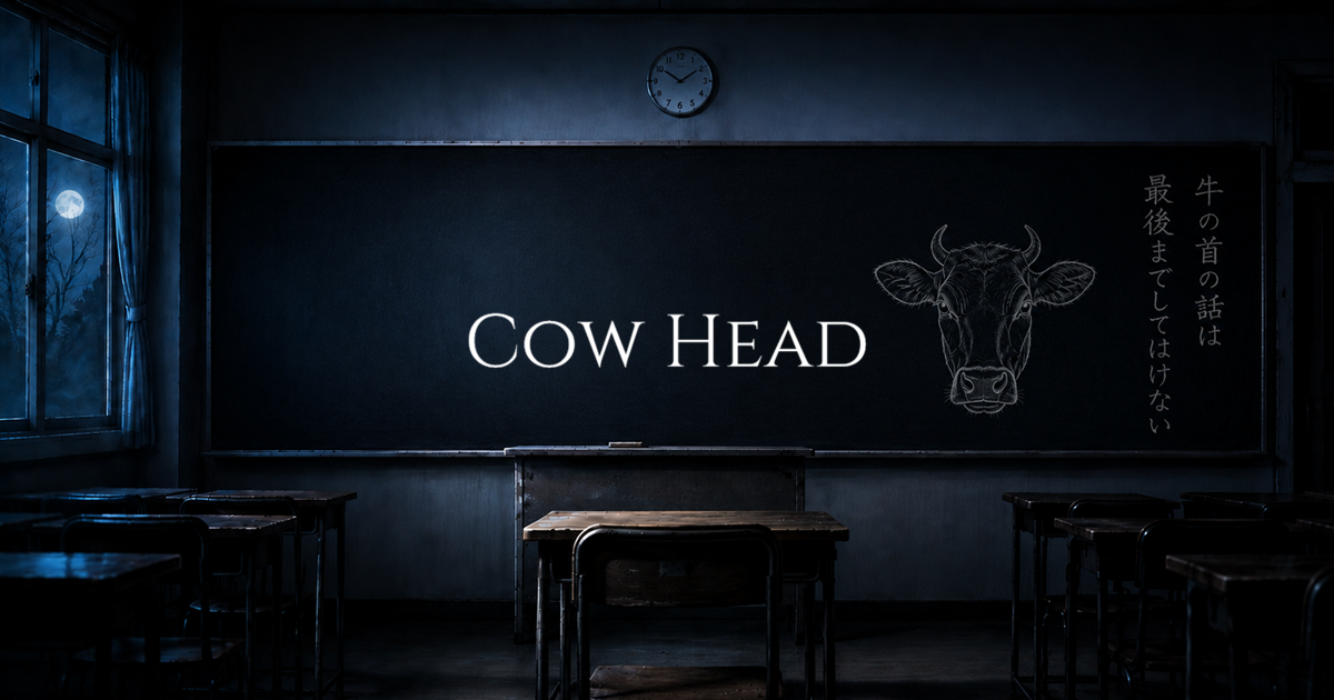A dark Japanese classroom at night with a large blackboard featuring handwritten chalk text and a chalk drawing of a cow’s head.