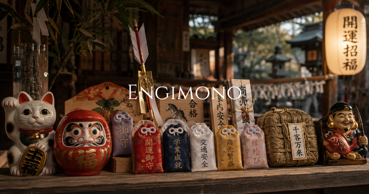 Traditional Japanese engimono including omamori, daruma dolls, and maneki-neko displayed on a wooden counter inside a shrine.