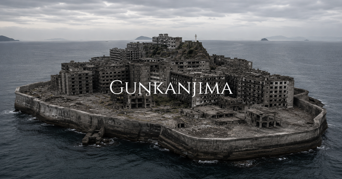 An aerial view of Gunkanjima showing dense rows of abandoned concrete apartment buildings surrounded by dark ocean water under an overcast sky.