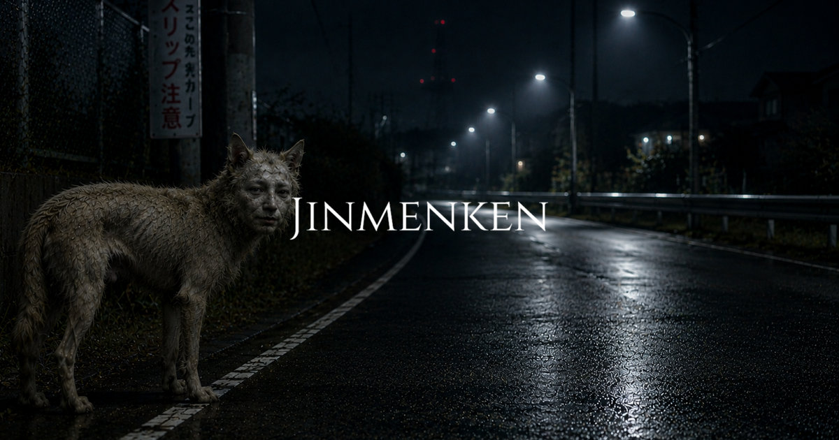 A thin human-faced dog stands beside a wet suburban road at night under dim streetlights.