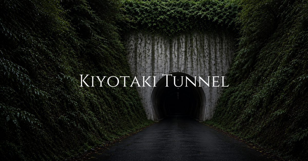 A narrow wet road leading into a concrete tunnel surrounded by dense overgrown vegetation in a forested mountain pass.