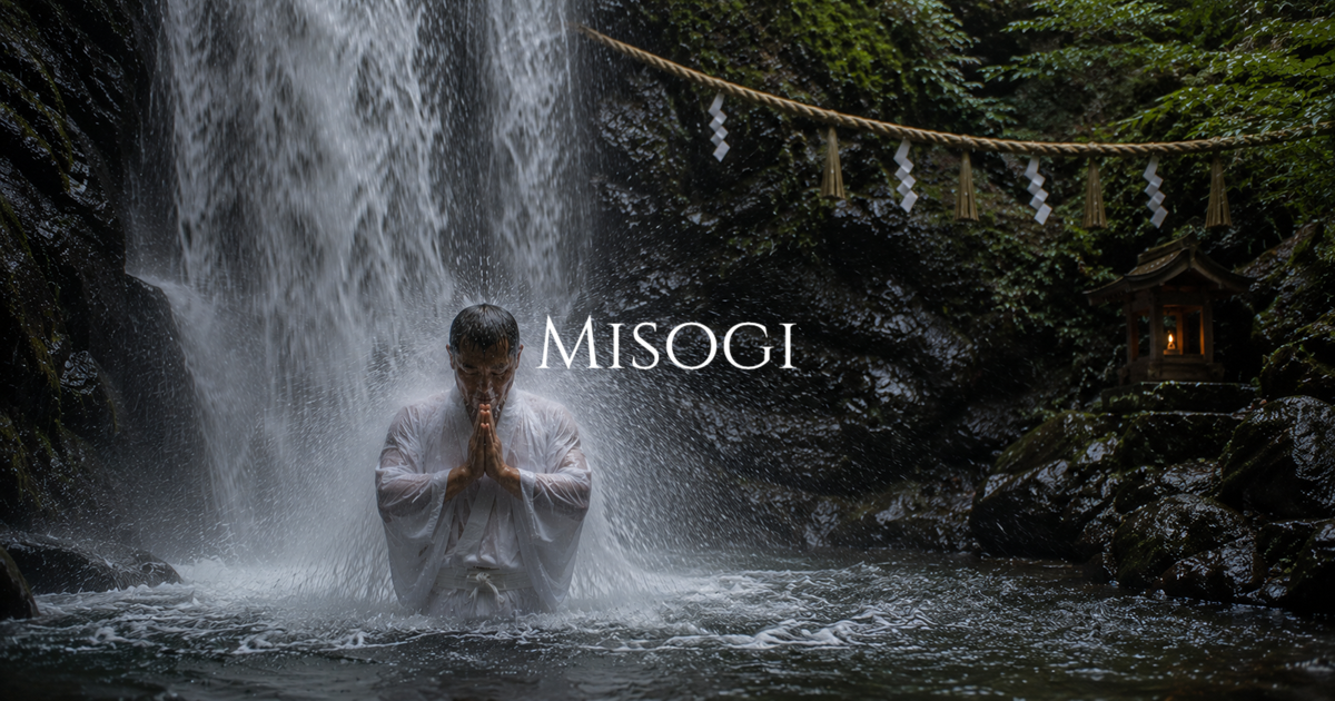 A person in white ritual clothing stands with their back to a waterfall during misogi purification beside a forest shrine.