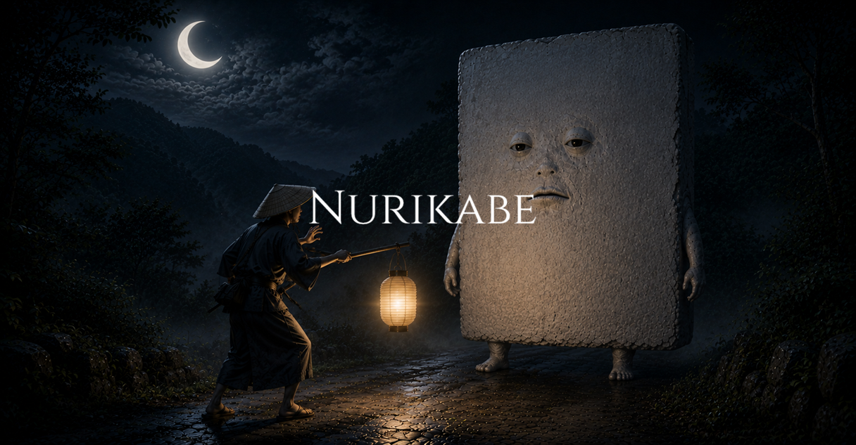 A traveler holding a paper lantern encounters a tall Nurikabe yokai on a moonlit mountain path at night.