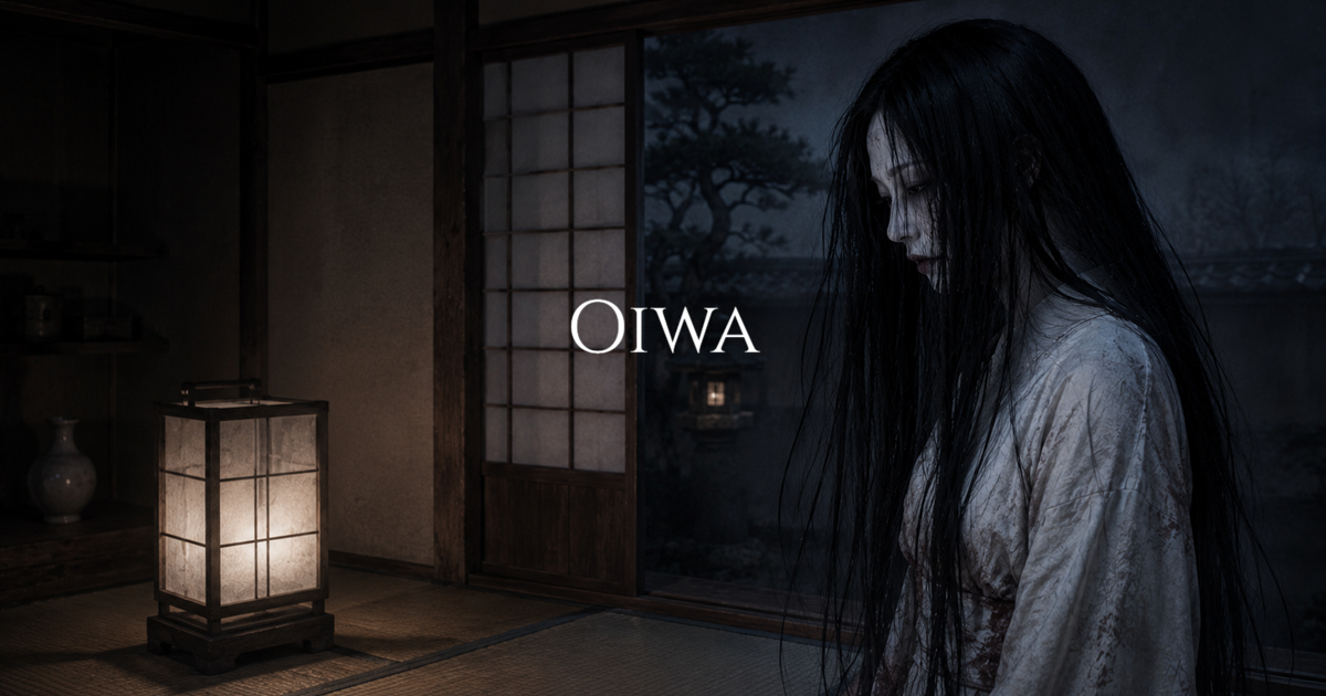 A pale woman with long black hair stands inside a dim traditional Japanese room beside a softly lit paper lantern at night.