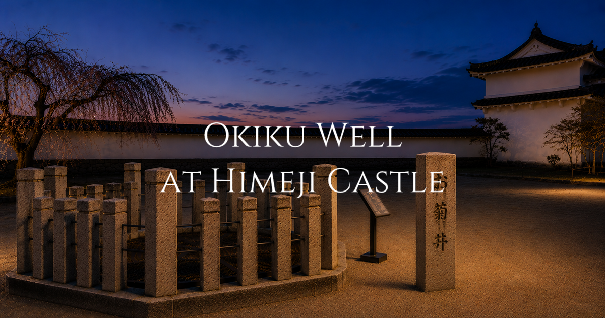 A stone well surrounded by carved pillars stands inside the grounds of Himeji Castle at dusk beneath a deep blue sky.