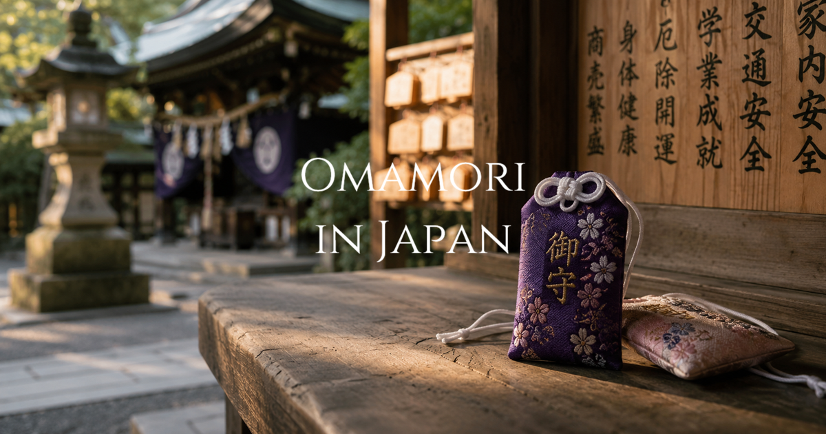 Two omamori resting on a wooden surface inside a Japanese shrine.