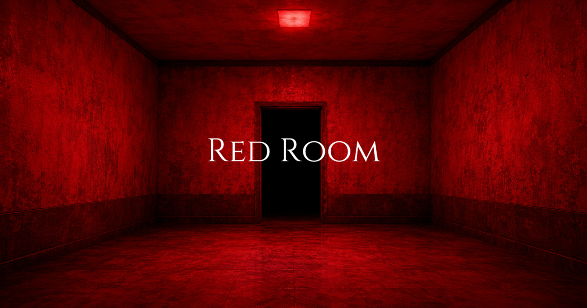 An empty red room with worn walls, a tiled floor, and a dark doorway at the center.
