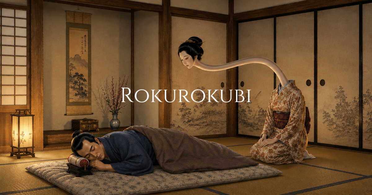 A woman with an elongated neck kneels beside a sleeping man inside a lantern-lit Japanese tatami room at night.