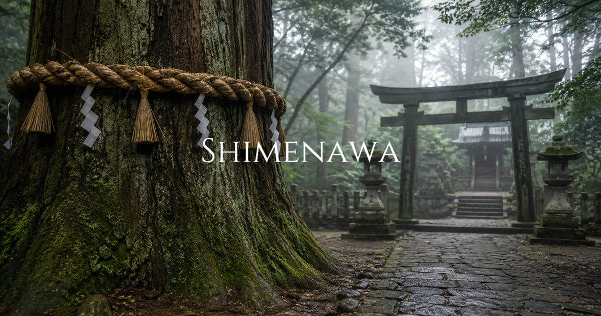 A sacred tree wrapped with shimenawa stands beside a stone path leading to a forest shrine in misty surroundings.