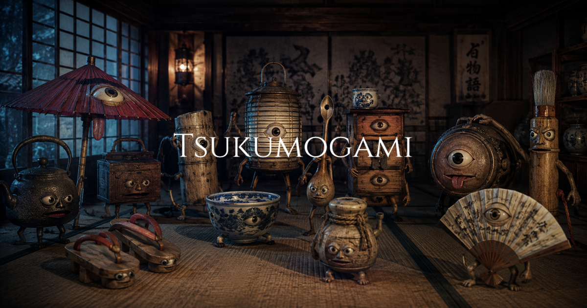 Animated household objects gathered inside a dim traditional Japanese room with lantern light and tatami flooring.