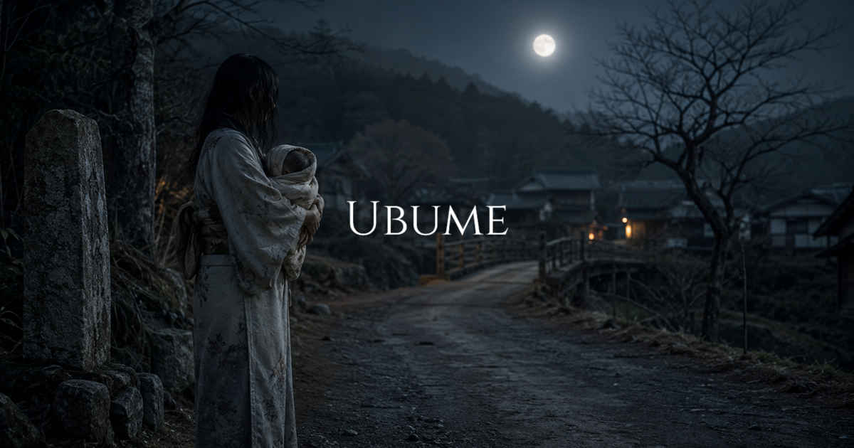 A woman in a pale kimono cradles a bundled infant beside a moonlit village road.